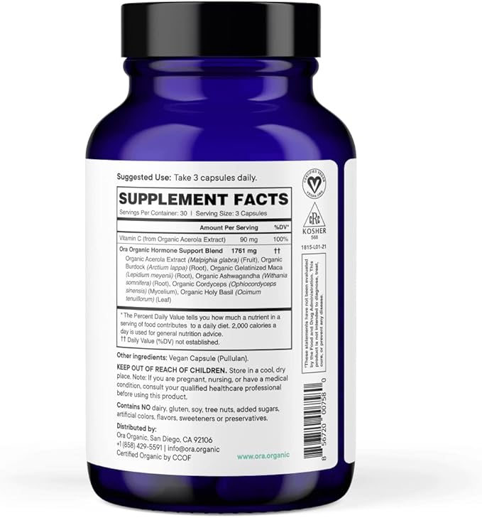 Ora Organic Natural Hormone Balance Supplement & Hormonal Acne Relief for Women - Support Skin, Mood, Energy, PMS & Menopause - Ashwagandha, Maca, Burdock Root, Cordyceps & VIT C - 90 Capsules