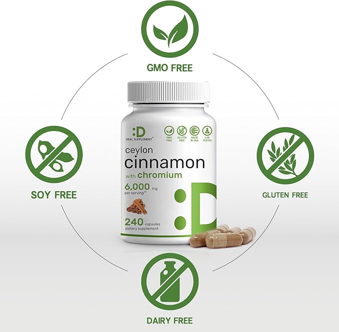 Ceylon Cinnamon 6,000mg with Chromium 1,000mcg Per Serving, 240 Capsules –Active Inner Bark Extract – True Sri Lanka Source – Natural Cinnamon Supplements– Non-GMO