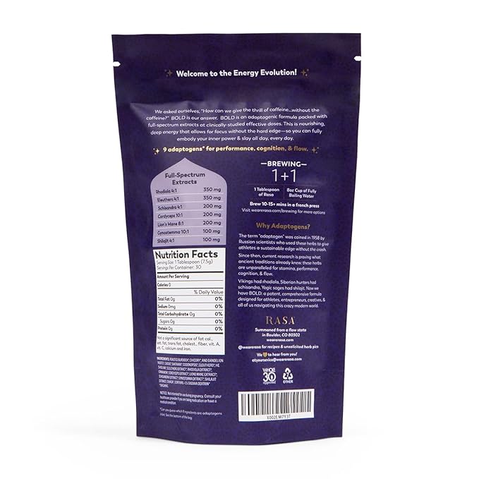 Rasa Bold – Adaptogenic Mushroom Coffee Alternative | Vegan, Keto, Whole 30, Ayurveda Wellness Tonic with Lion's Mane, Rhodiola, +Cordyceps (8 oz / 30 Servings)
