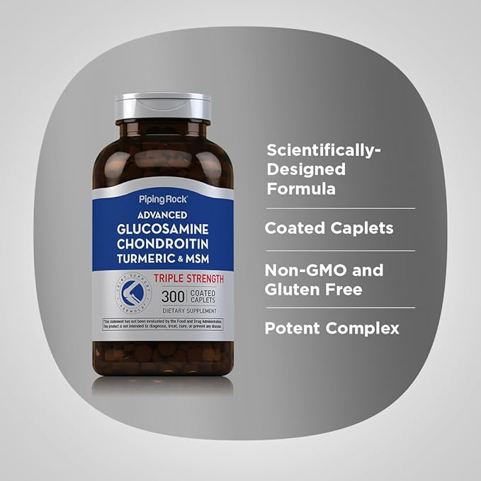Piping Rock Glucosamine Chondroitin Turmeric MSM | 300 Caplets | Triple Strength | Advanced Supplement | Non-GMO & Gluten Free
