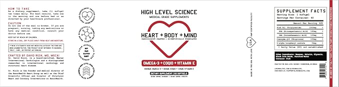 High Level Science Omega 3, CoQ10, Vitamin E for Heart + Body + Mind with DHA/EPA, Antioxidant Supplement for Energy Production, Superior Bioavailable Triglyceride Form - Gluten Free, 60 Softgels