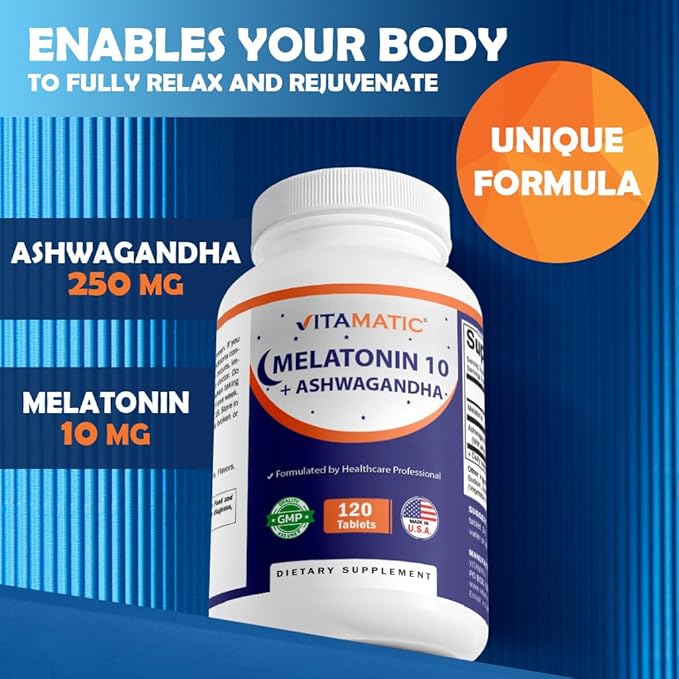 Vitamatic Melatonin 10mg with Ashwagandha 4:1 Extract 250 mg 120 Tablets