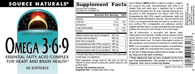 Source Naturals Omega 3-6-9, Essential Fatty Acid Complex for Heart and Brain Health* - 60 Softgels