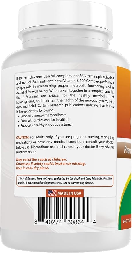 Best Naturals Vitamin B Complex with Inositol, PABA 240 Tablets - Made in The USA - Non-GMO & Gluten Free
