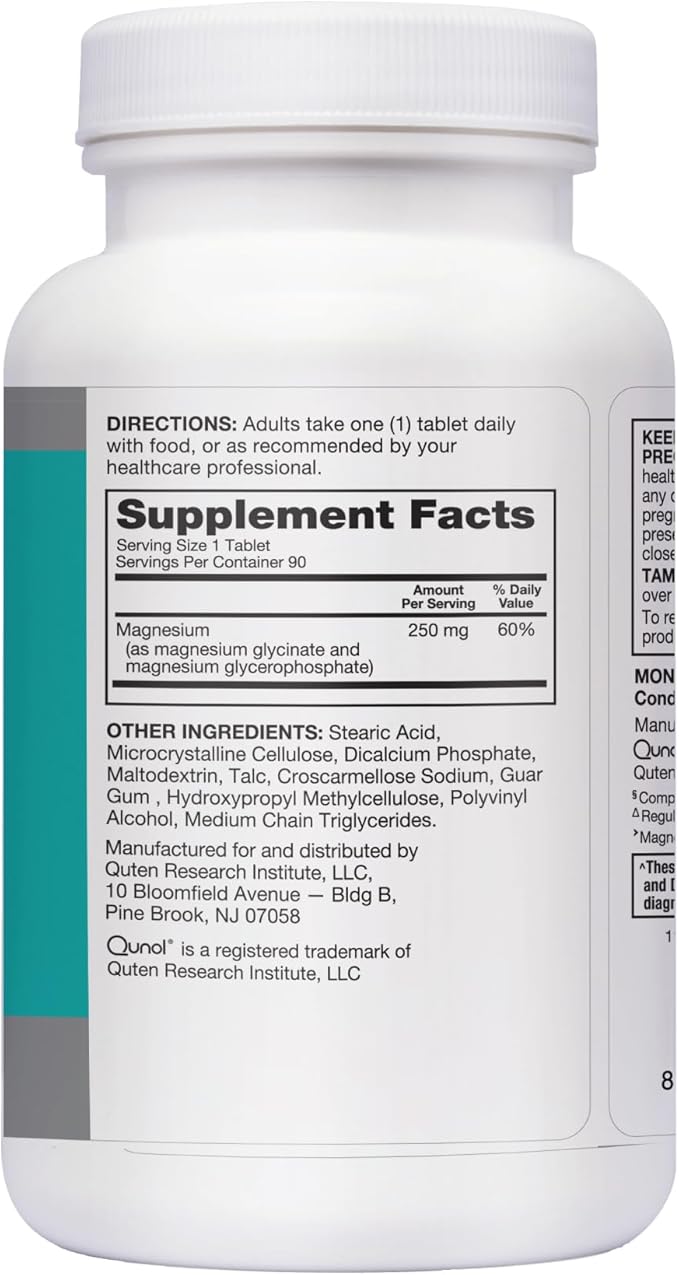 Qunol Magnesium Glycinate Complex, Gentle on Stomach, 250mg One Pill Dose, Superior-Absorption Magnesium, Nerve, Bone and Muscle Health Supplement, 90 Count (Pack of 1)