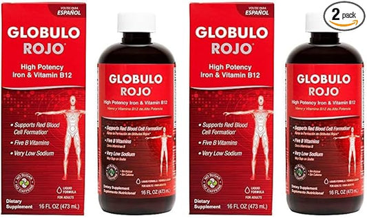 Globulo Rojo Iron Supplement - Liquid Dietary Supplement with High Potency Iron & B Vitamins (Vegan), 16 FL OZ (473 mL) (Pack of 2)