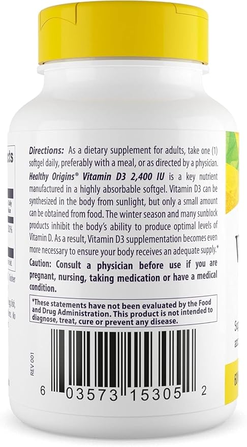 Healthy Origins Vitamin D3 (Lanolin) 2,400 IU Softgel - Bone Health and Immune Support Supplement - Easily Absorbable Vitamin D Supplements - Gluten-Free Vitamin D3 Supplement - 120 Softgels