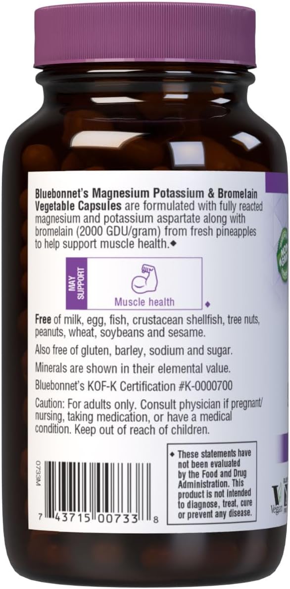 BlueBonnet Magnesium Potassium Plus Bromelain Vegetarian Capsules, White, Unflavored, 120 Count