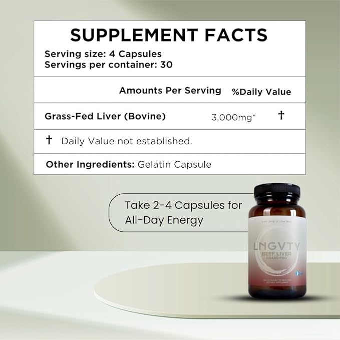 LNGVTY Grass Fed Beef Liver Capsules | Desiccatted Liver Supplement | 120 Pills, 750mg | Natural Iron, Vitamin A, B12 for Energy and Optimal Health | Humanely Pasture Raised Undefatted in New Zealand