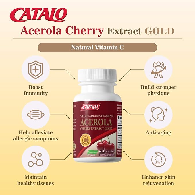 CATALO Acerola Cherry Extract Capsules – Vitamin C from Acerola Cherries, Plant-Based, No Synthetic Vitamin C, No Artificial Colors or Preservatives – 60 Vegetarian Capsules