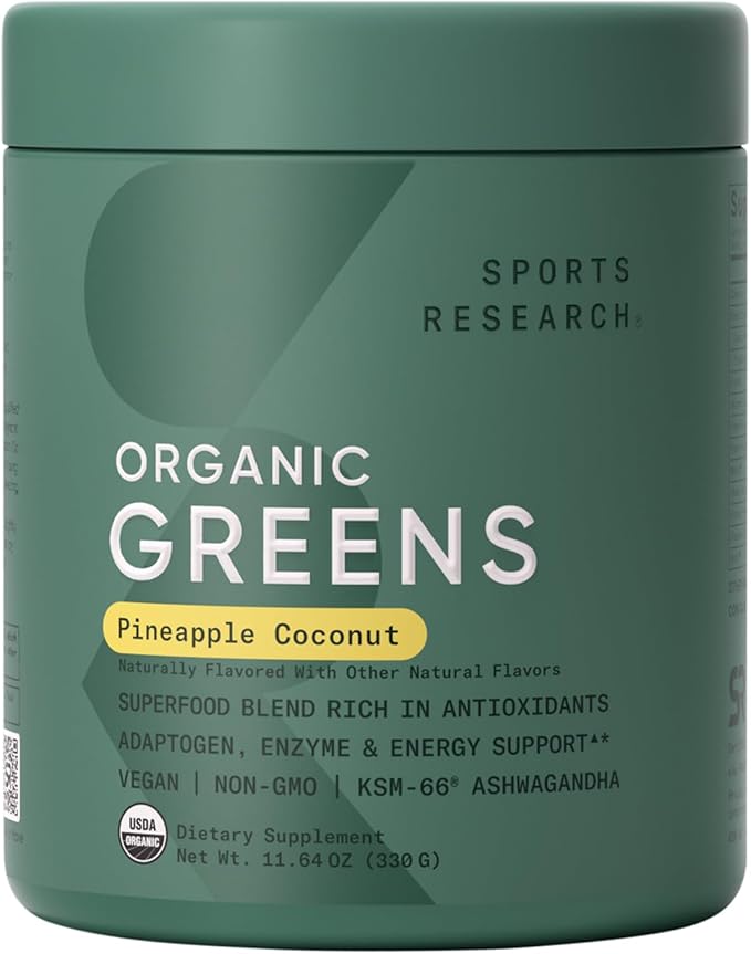 Sports Research® Organic Greens Superfood Powder w/Spirulina & Chlorella, Adaptogens, Enzymes, Probiotics & 8 VIT Bs for Gut & Mood Support* - Vegan, Sugar-Free & Low-Cal Pineapple Coconut 30