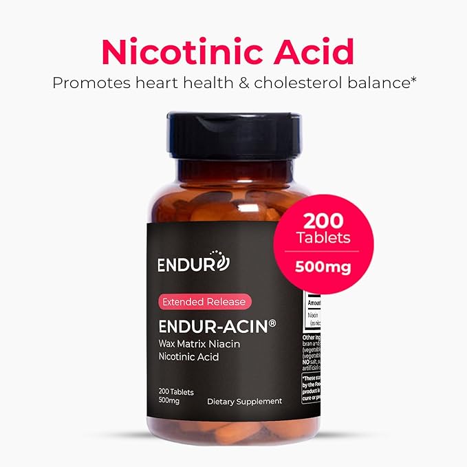 ENDUR-ACIN, Extended Release Niacin for Optimal Absorption & Low-Flush Vitamin B3 Niacin 500mg, Premium Niacin Supplement Made in USA, 200 Tablets