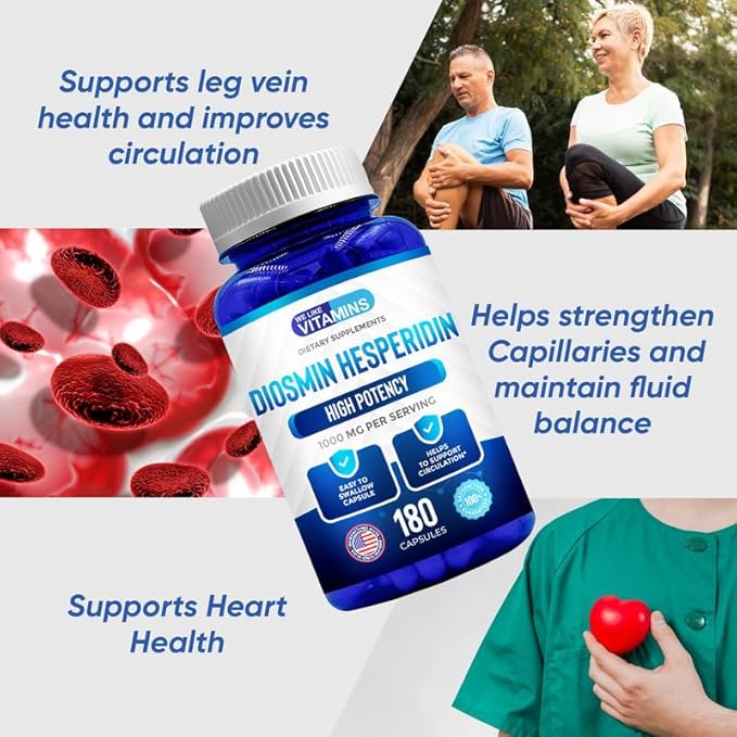 We Like Vitamins Diosmin Hesperidin 1000mg – 180 Capsules – 90 Day Supply - Diosmin and Hesperidin Supplement – Helps to Support Healthy Circulation, Veins, Capillaries, and Lymphatic Drainage