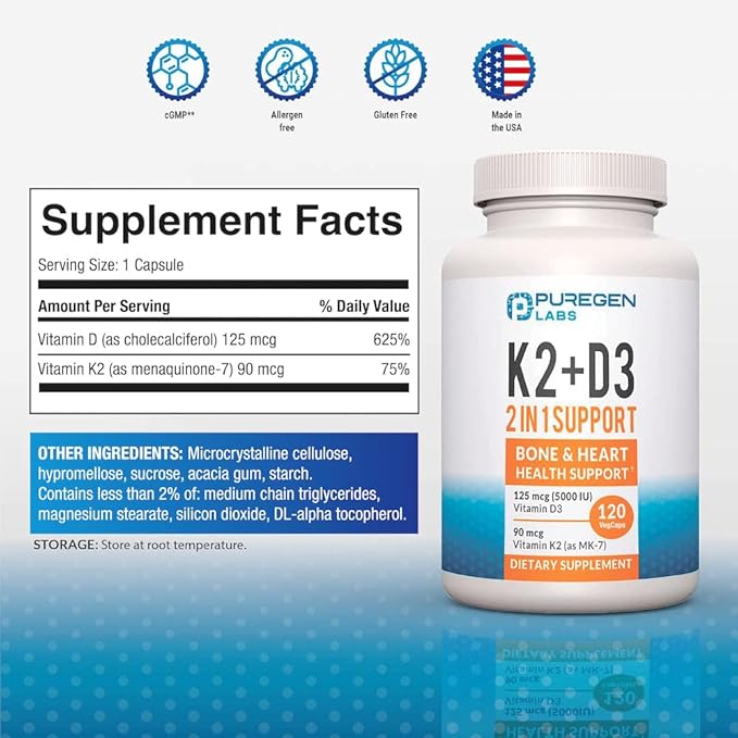 2 in 1 High Potency Formula 90mcg Vitamin K2 (MK7) and 5000 IU Vitamin D3 Supplement for Bone and Heart Health | Non-GMO Formula Vitamin D3 & K2 Complex, Total 240 Capsules I 8 Month Supply