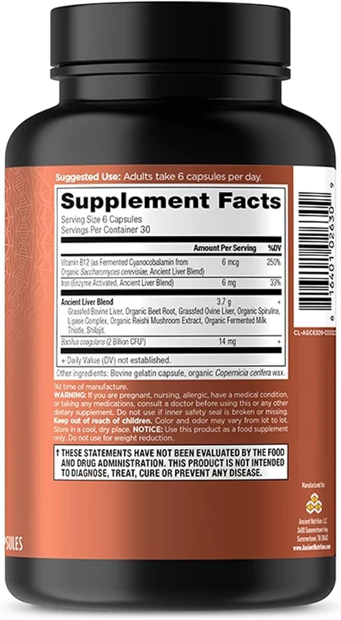 Ancient Nutrition Organ Supplements, Grass-Fed and Wild Organ Complex Capsules, Beef & Lamb Liver, Supports Healthy Blood, Gut, and Liver, 180 Ct