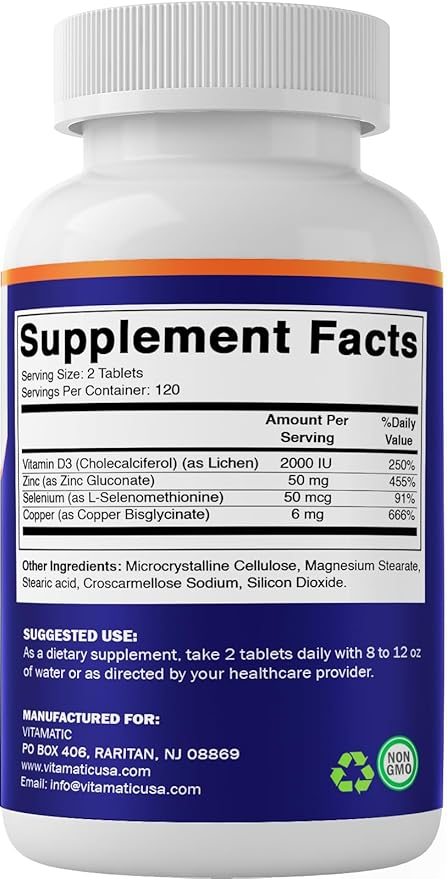 Vitamatic Copper Bisglycinate 6 mg Made with Vitamin D3 2000 IU, Zinc 50mg, Selenium 50mcg - 240 Tablets - Non-GMO & Gluten Free