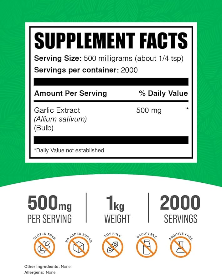 BulkSupplements.com Garlic Extract Powder - Garlic Supplement, Garlic Powder Supplement, Allium Sativum - Herbal & Gluten Free, 500mg per Serving, 1kg (2.2 lbs) (Pack of 1)
