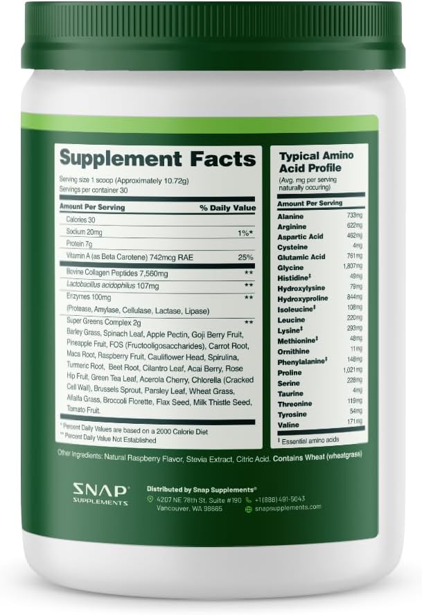 Snap Supplements Super Greens Powder with Collagen Peptides, 26 Fruits and Vegetables, Grass Fed, Non-GMO Daily Greens Superfood for Hair, Skin, Nails & Joint Support, 30 Servings