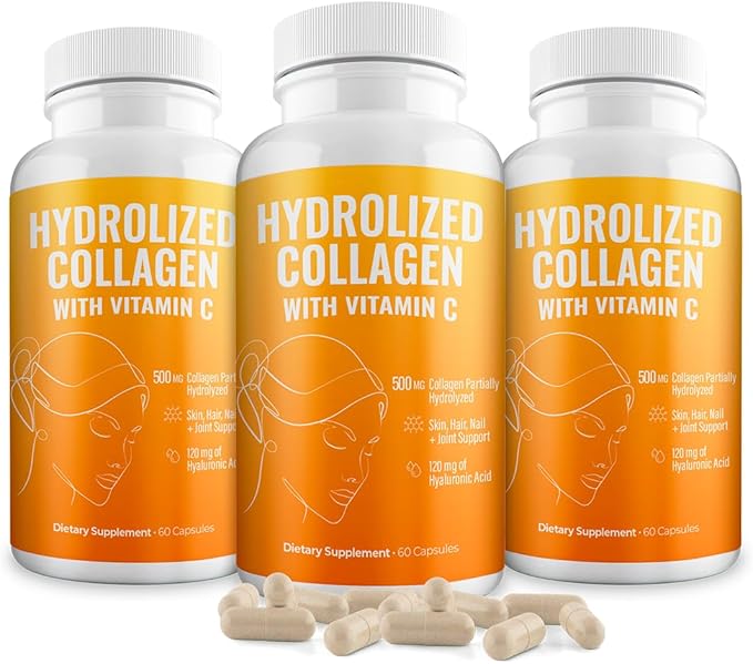 Aura Vitamin Hydrolyzed Collagen with Vitamin C Capsules 500mg Great Energy | Skin, Hair and Nail Support | Hyaluronic Acid Pills - 60ct (3)