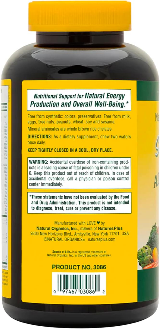 Natures Plus Source of Life Adult Chewable Multivitamin - 90 Vegetarian Wafers - Apple Cinnamon Flavor - Natural Whole Foods Supplement - Overall Health, Energy - Gluten-Free - 45 Servings