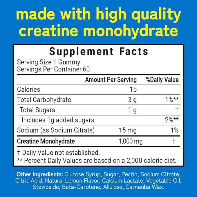 Creatine Monohydrate Gummies for Men & Women - 5g Creatine Per 5 Gummies - 120 Count - Lemon Flavored - Vegan Creatine Chews - 2 Bottles (60 Creatine Gummies Per Bottle)
