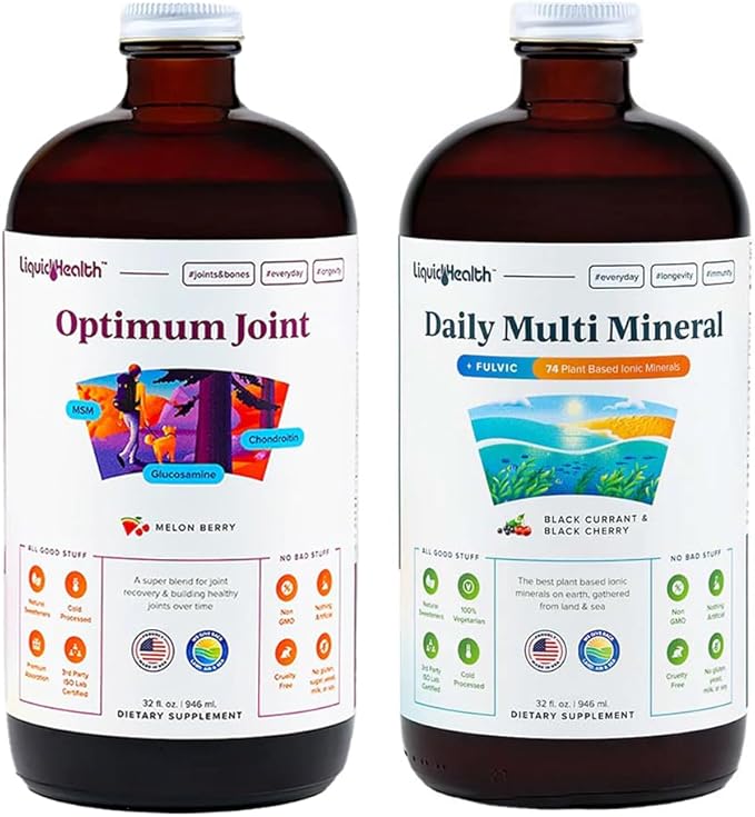 LIQUIDHEALTH Optimum Joint Glucosamine Chondroitin Supplement & Daily Multi Mineral Liquid Multivitamin Bundle for Men & Women - Sea Trace Minerals, Bone & Joint Health, Immune Support, Vegan, Non-GMO