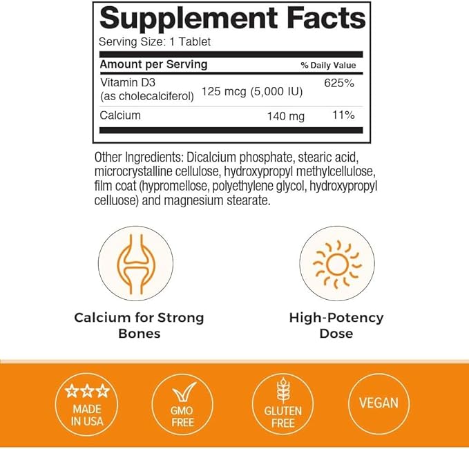 Omax3 Vitamin D3 5000 IU + Calcium, 60-Day Supply, Strong Bones, Muscles & Joints, Heart Health, Immunity, Non GMO, No Gluten, No Soy - 30 Tablets/per Bottle (Pack of 2)