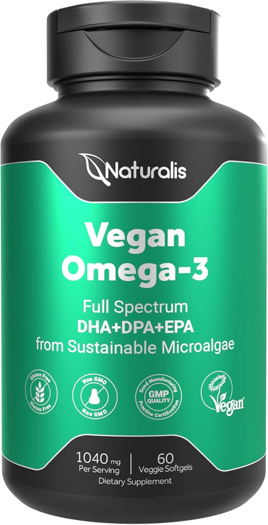 Vegan Omega 3 DHA, EPA & DPA from Algae | Vegan Society Certified, Sustainably Sourced, True Full Spectrum | 60 Veggie Softgels (Carrageenan Free)