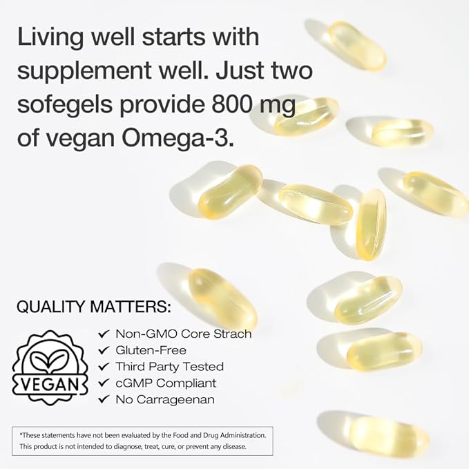Vegan Omega-3 Algae DHA Supplements - 2000mg Algae Oil, Plant-Based Prenatal Algal DHA, 90 Carrageenan Free Softgels -Sustainable Fish Oil Alternative Supports Brain, Heart, Eyes, Joint Health