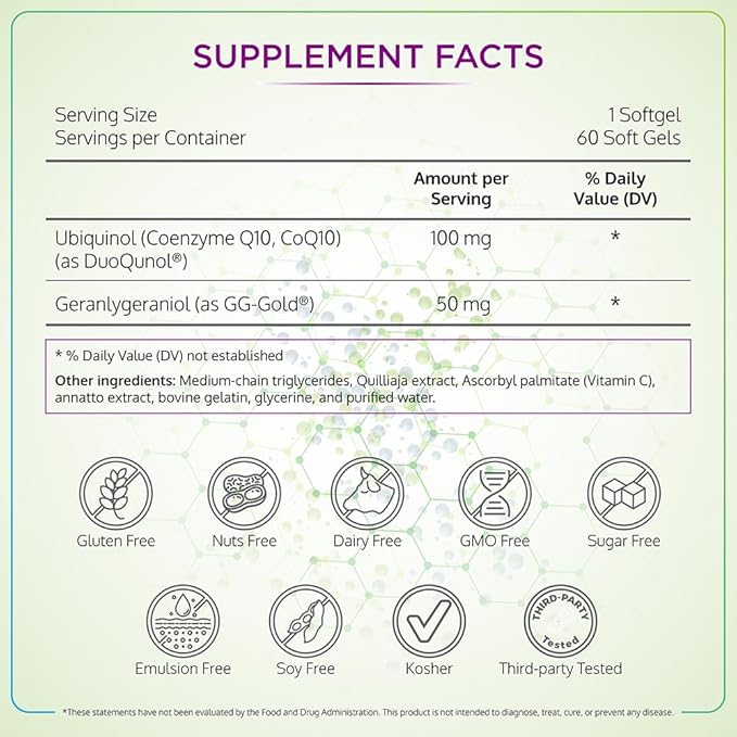 BioQuinol Ubiquinol (CoQ10) with Geranylgeraniol – Master Antioxidant for Heart Health, Cellular Energy 150mg 60 Softgels