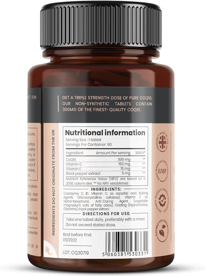 pureclinica Fermented CoQ10 300mg x 180 Tablets (2 Bottles of 90 Tablets) - 6 Months Supply. Non GMO, USP Grade. with Added Vitamin C & Black Pepper Extract for Absorption.