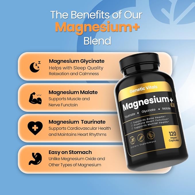 Triple Magnesium Complex 300mg - High Absorption Magnesium Glycinate, Taurate & Malate - Gluten-Free & Vegan - 120 Capsules