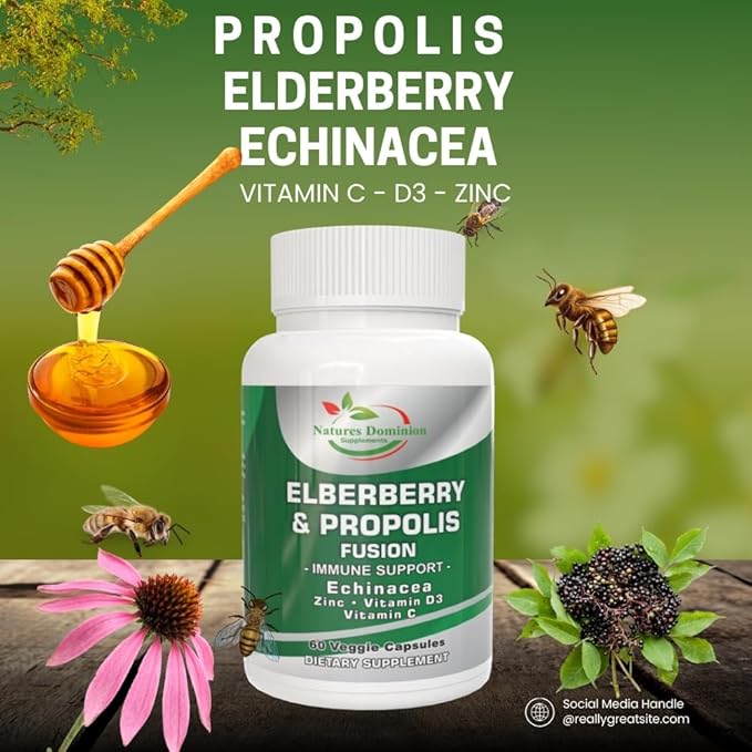 Propolis Extract Organic Elderberry with Echinacea, Vitamin D3, Vitamin C and Zinc. Elderberry Immune Support Supplement with Bee Propolis. Daily Immune Booster. Propolis and Elderberry Fusion