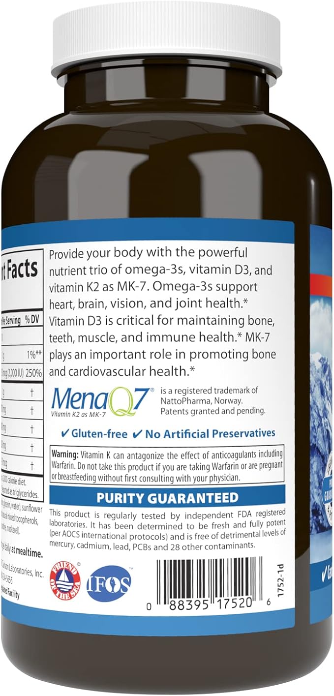 Carlson - Elite Omega-3 Plus D & K, 700 mg Omega-3s + D3 & K2, Function, Bone Health & Immune Support, Lemon, 180 Softgels