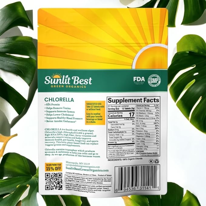 Sunlit Organic Chlorella Tablets for Natural & Full Body Cleanser 500 Count - Supplement Supports Your Gut Health, Immune System & Energy Level, High in Protein, Chlorophyll, Vitamins and Minerals