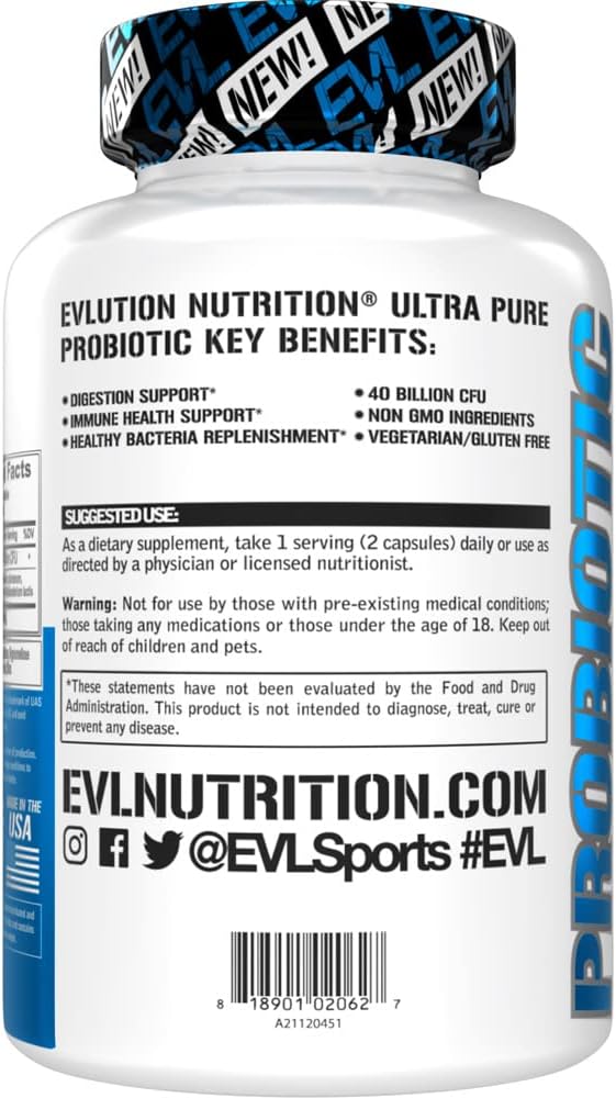 Evlution Nutrition Probiotic - 40 Billion CFU - Supports Digestive + Immune Health - Probiotic Supplement for Men & Women - Vegetarian, Gluten Free & Non-GMO - 30 Servings - 60 Veggie Capsules