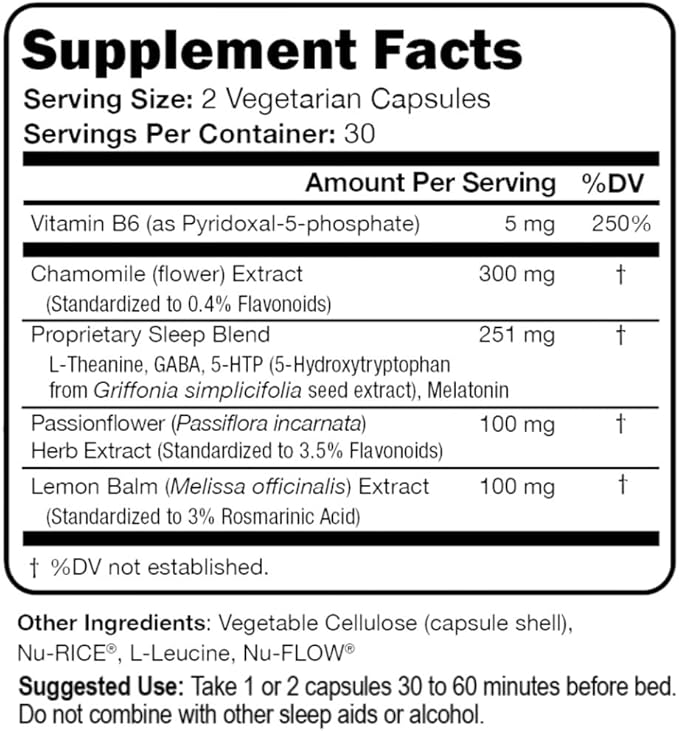 Suzy Cohen Sleep Script with Melatonin - Botanical Sleep and Relaxation Formula for Adults for Mood, Stress and Sleep, Contains 5-HTP, L-theanine, Passionflower, Lemon Balm and GABA 60 Capsules.