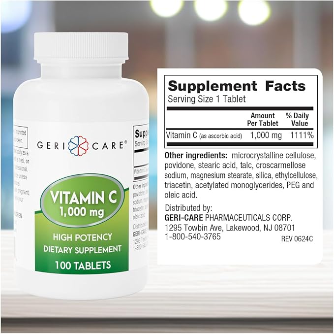 GeriCare Vitamin C 1000 mg – High Potency 100 Tablets – Supports Immune Function, Enhances Skin Care with Collagen Production, Aids in Iron Absorption, and Vascular System Health
