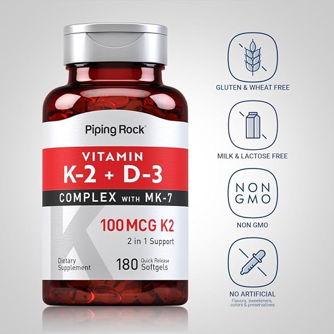 Piping Rock Vitamin K2 D3 Supplement | 100 mcg | 180 Softgels | Complex with MK7 | Non-GMO, Gluten Free