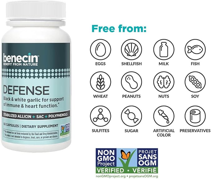 Benecin Defense 1500 mcg Stabilized Allicin per Capsule | Plus high Amounts of SAC & Polyphenols from Black Garlic | Powerful Support of Immune & Heart Function Vegetarian Caps (1 Count (Pack of 60))