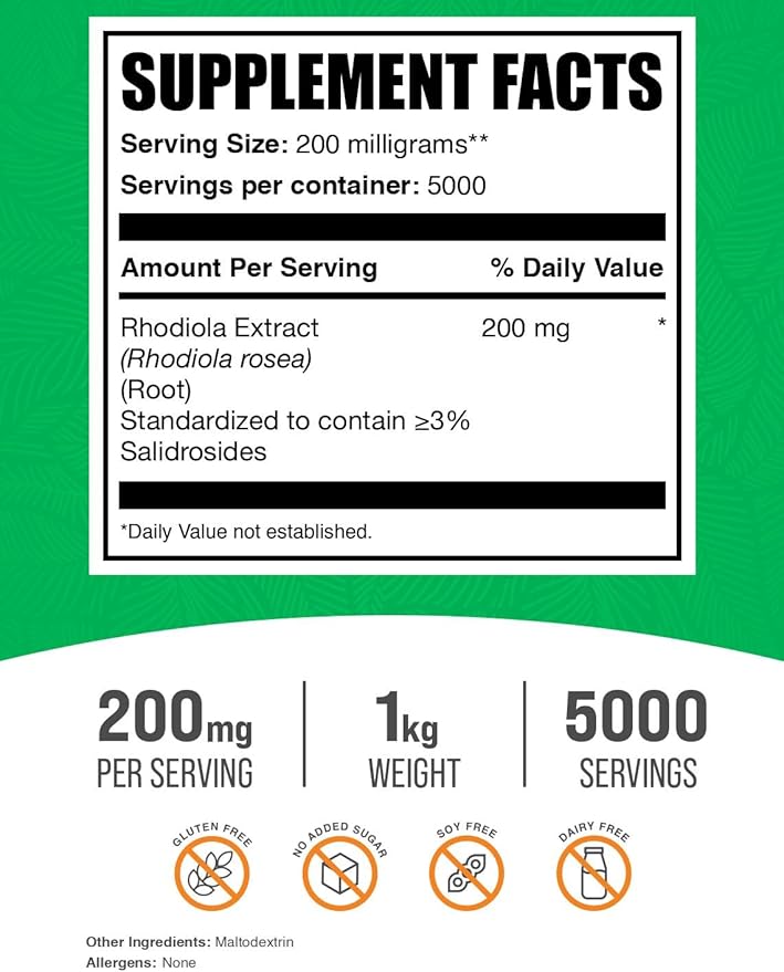 BulkSupplements.com Rhodiola Extract Powder - 3% Salidrosides, Rhodiola Rosea Extract - Herbal Supplement, Gluten Free, 200mg per Serving, 1kg (2.2 lbs) (Pack of 1)
