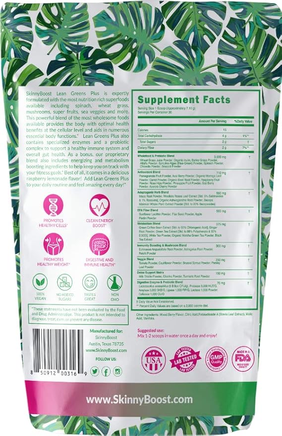 SkinnyBoost - Lean Greens & Super Food Powder - Ultimate Power Blend with Green Tea, Mushroom Blend, Ashwagandha, Spirulina Algae & Wholefoods - Natural Detox & Clean Energy - 30 Servings -12 Oz