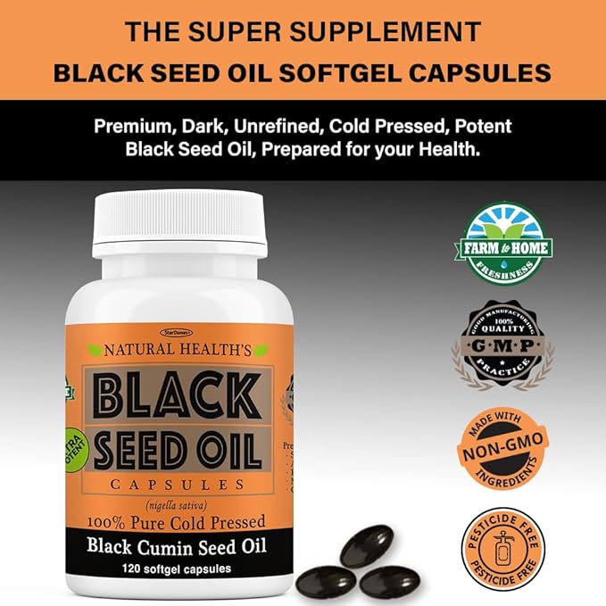 Pure Black Seed Oil Capsules 1000mg per serving - 120 Capsules - Cold Pressed and Non GMO