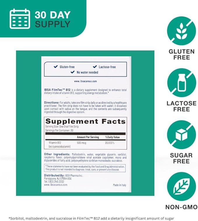 FilmTec B12 - Dietary Supplement – 500 mcg Vitamin B12-30 Oral Dissolving Films for Immediate Release and Tolerability - Gluten-Free, Lactose-Free, Sugar-Free, Non-GMO