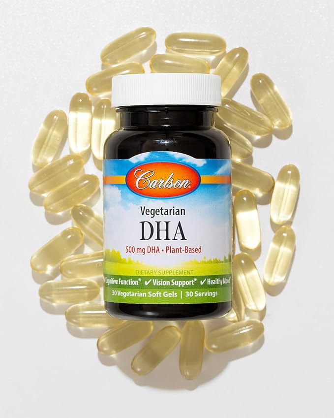 Carlson - Vegetarian DHA, 500 mg DHA, Plant Based, Sustainably Sourced from Algae, Brain Support, Mood Health, 30 Softgels