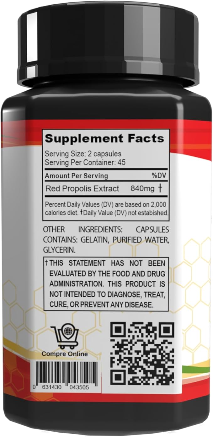 Propolis Health Red Propolis - Bee Red Propolis 90 Capsules - Alcohol-Free Original and Concentrated Pure Propolis - 45-Day Supplement - Brazilian Red Propolis - 840mg Red Propolis