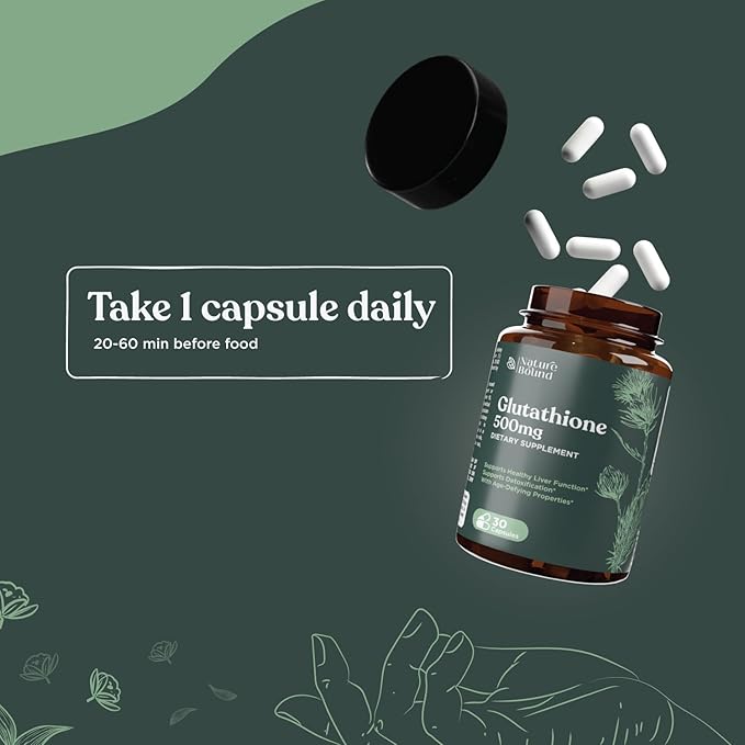Pure Glutathione Supplement 500 mg GSH - Pure Skin Whitening Pills Natural Antioxidant with Milk Thistle Extract Silymarin Liver Health Alpha Lipoic Acid Amino - 30 Veg Capsules by Nature Bound