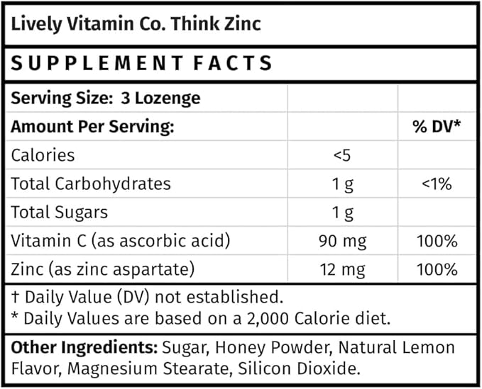 Lively Vitamin Co. Think Zinc - Vitamin C - Lemon - Honey - Immune Function - Health - Chelated Mineral Have Superior Absorption - Cold - Cough - Sick - Illness - Antioxidant - 60 Lozenges