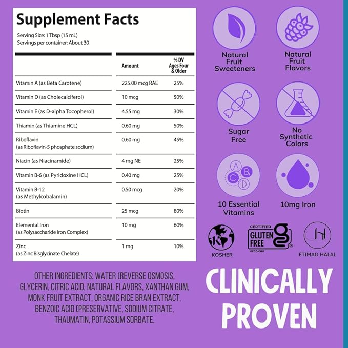 NovaFerrum Yum 16 Fl Oz | Multivitamin with Iron for Ages 4 & Up | Gluten Free Certified | Sugar Free | Raspberry Grape