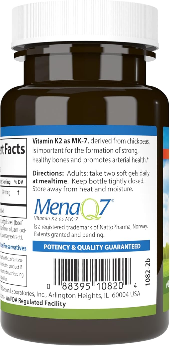 Carlson - Vitamin K2 MK-7 (Menaquinone), 180 mcg, Bone Support, Calcium Bioavailability, K2 Vitamin, Vitamin K-2, 90 Softgels
